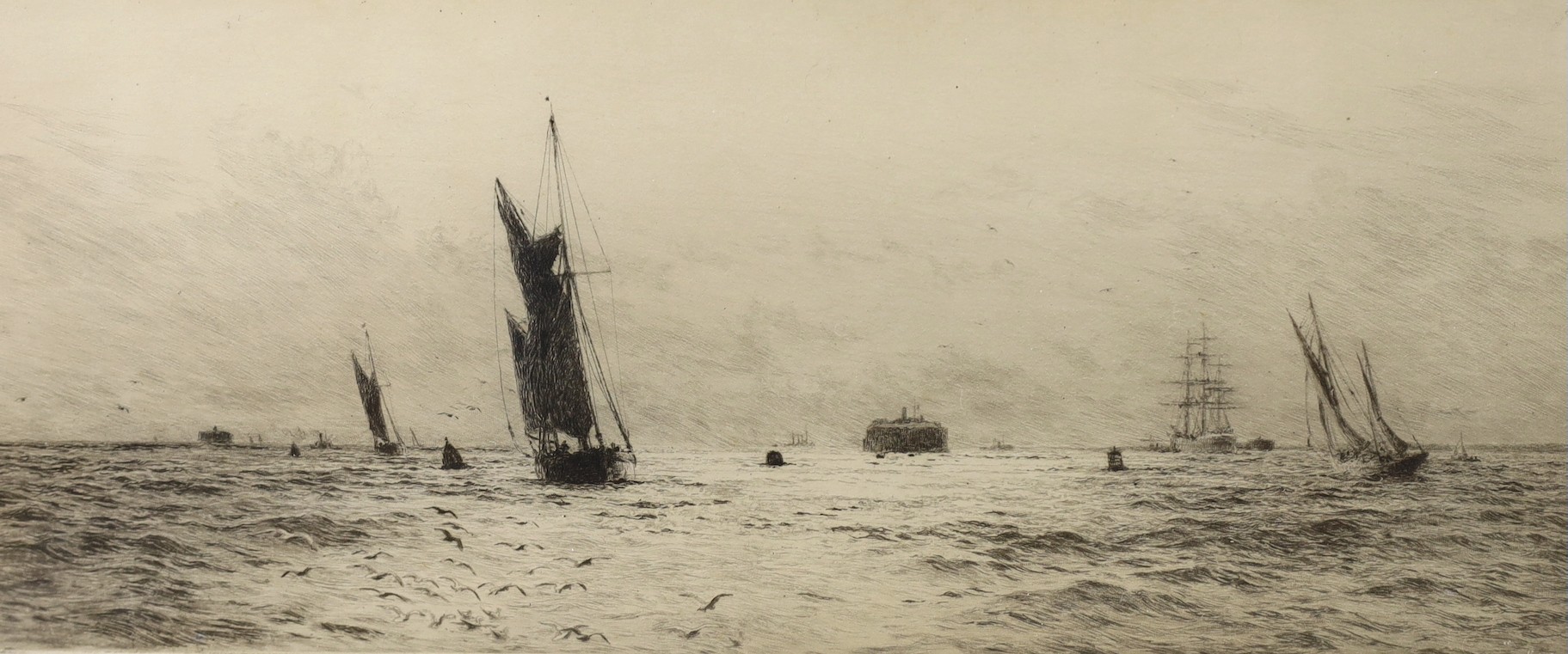 William Lionel Wyllie, etching, “Fairway to Portsmouth Harbour”, signed, 17 x 36cm